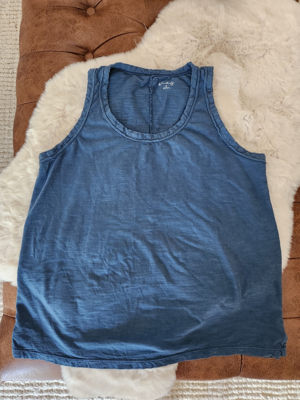 Wonderly Washed Blue Cotton Scoop Neck Boho Loose Tank Top - Women's Small